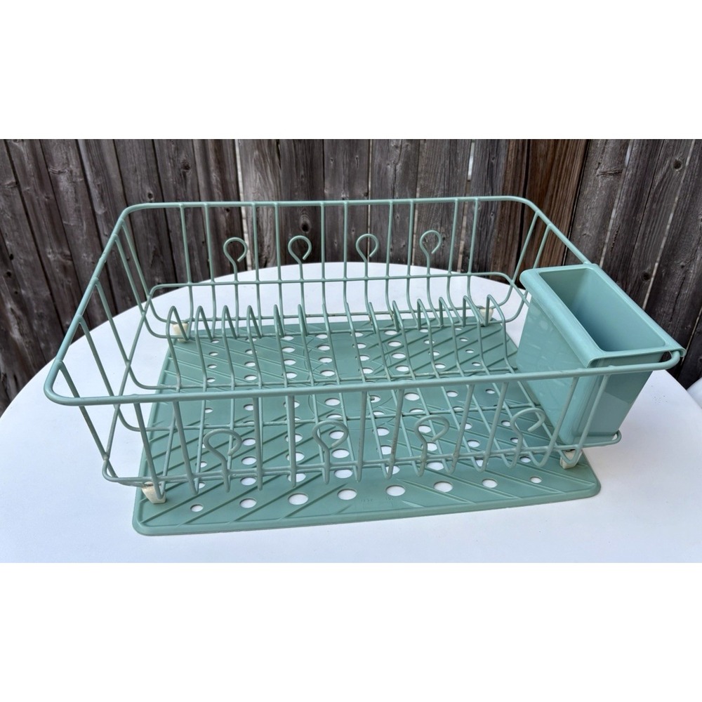 Vintage Rubbermaid dish drainer mint green coated wire + under mat utensil cup